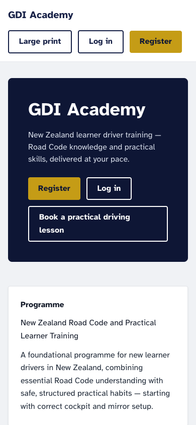 Academy welcome screen — learner entry point